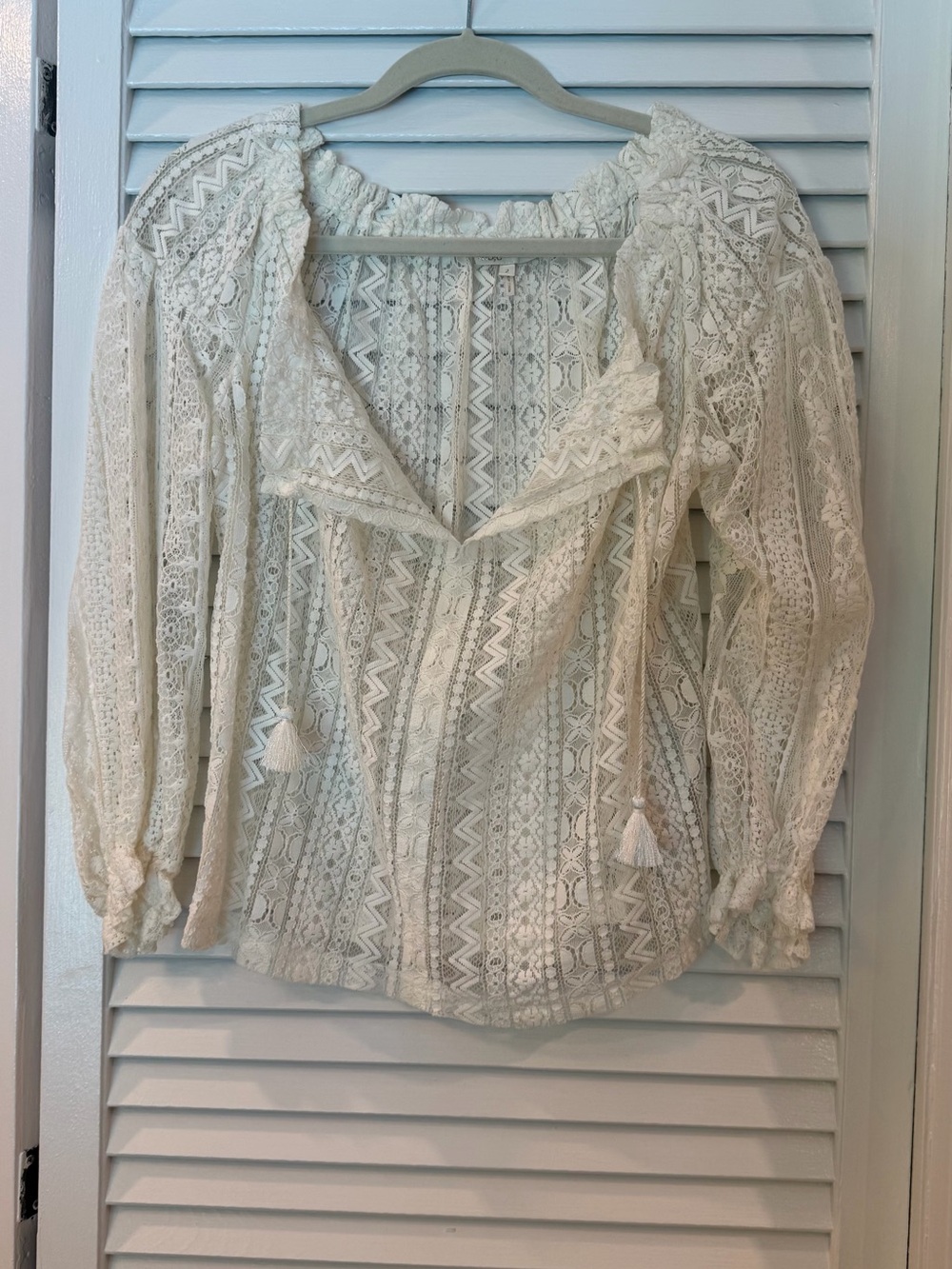 Maje Cream Lace Peasant Blouse with Tassel Ties
